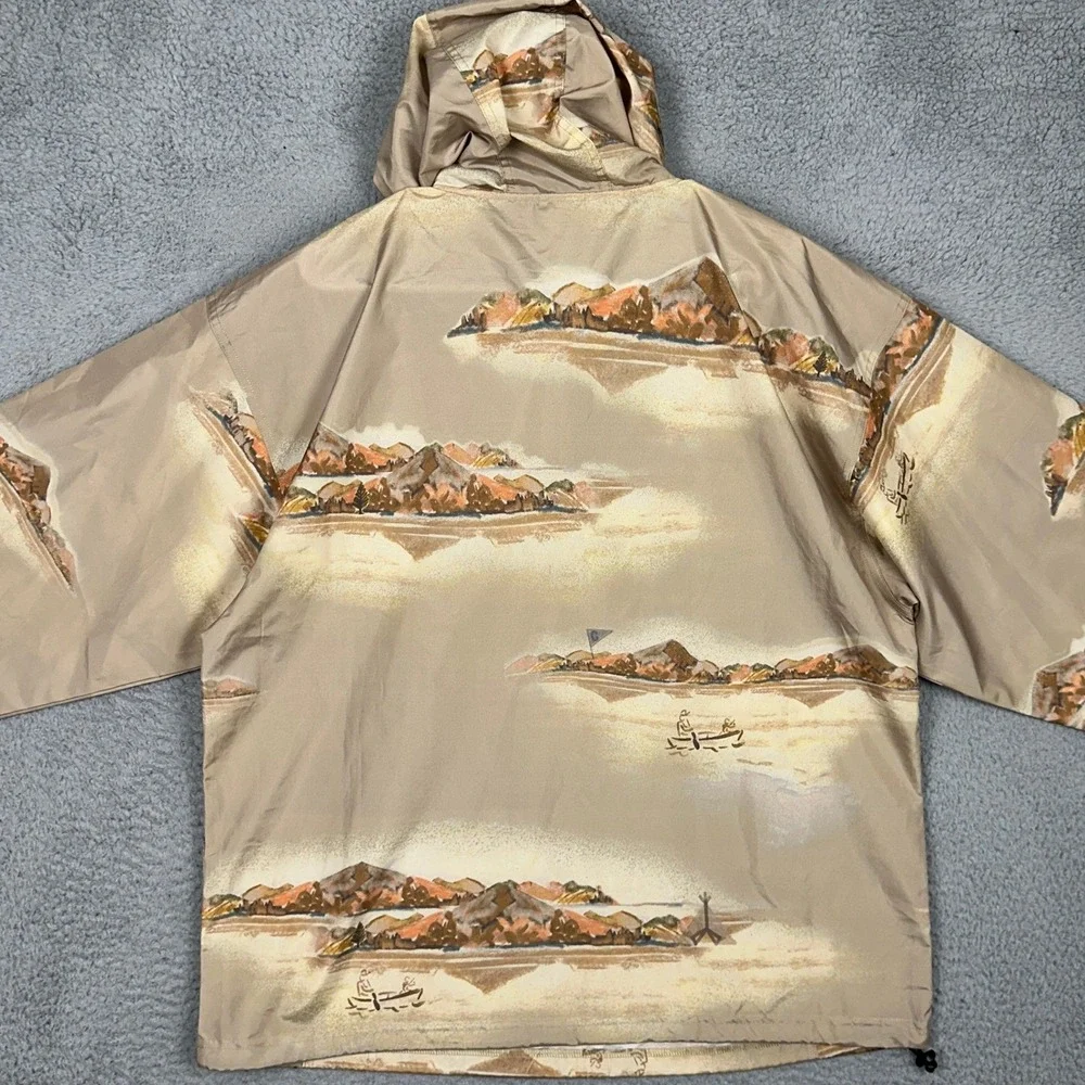 Champion Jacket Men Large Tan Landscape Print Anorak Windbreaker Half Zip Hooded